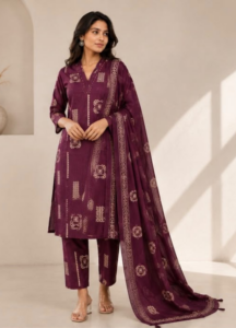 Wine Ajrakh Cotton Kurta Set